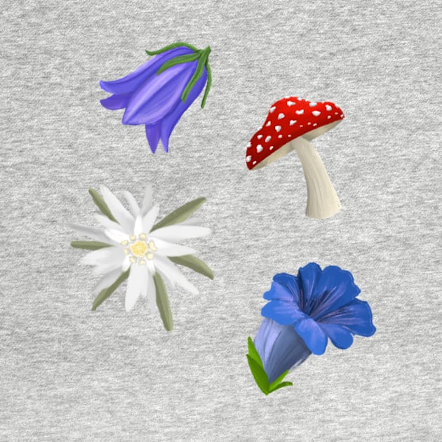 Alpine blooms - edelweiss, gentian, bellflower, fly agaric mushroom by FernheartDesign